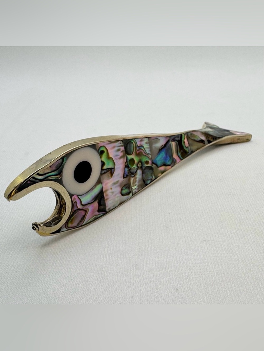 Mexico Alpaca Silver Abalone Fish Bottle Opener Barware Coastal Decor